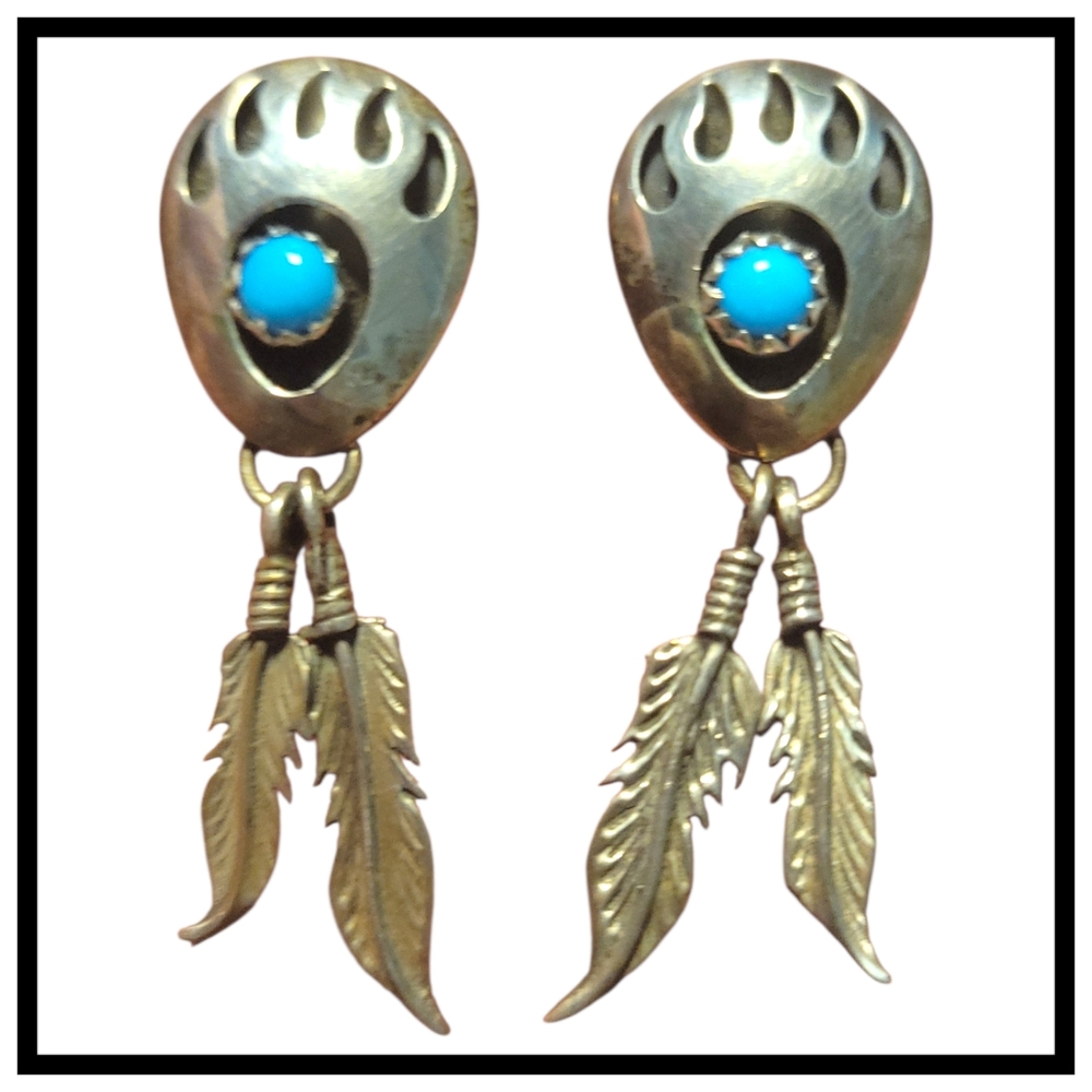 Sterling Silver Bear Paw & Turquoise With Feather Drop Dangle Earrings 4.78g